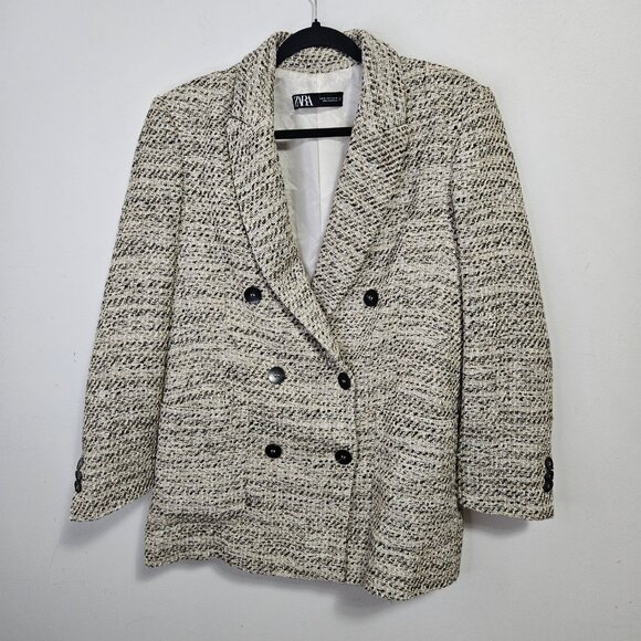 ZARA Double Breasted Tweed Blazer Jacket Sz S Neutral 2251/158 - Picture 3 of 13
